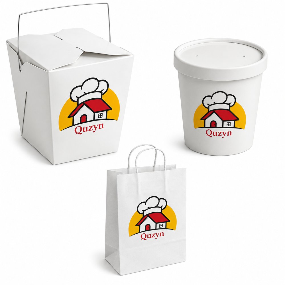 Quzyn-branded takeout box, soup cup, and kraft bag