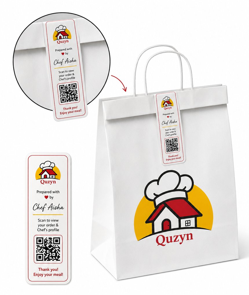 Quzyn tamper-evident QR label sealing a delivery bag, signed by Chef Aisha